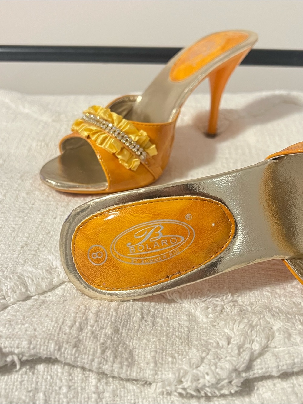 Bolaro by Summer Rio Ruffle & Rhinestone Open-Toe Mule Heels - Picture 2 of 3